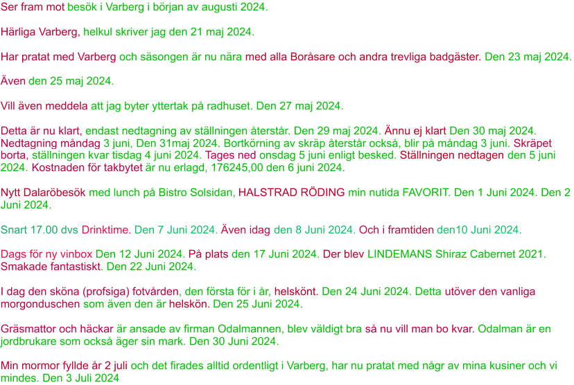 Ser fram mot  besök i Varberg i början av augusti 2024. Härliga Varberg,  helkul skriver jag den 21 maj 2024. Har pratat med Varberg  och säsongen är nu nära  med alla Boråsare och andra trevliga badgäster.  Den 23 maj 2024. Även  den 25 maj 2024. Vill även meddela  att jag byter yttertak på radhuset. Den 27 maj 2024. Detta är nu klart,  endast nedtagning av ställningen återstår. Den 29 maj 2024.  Ännu ej klart  Den 30 maj 2024. Nedtagning måndag  3 juni, Den 31maj 2024. Bortkörning av skräp återstår också, blir på måndag 3 juni.  Skräpet  borta,  ställningen kvar tisdag 4 juni 2024.  Tages ned  onsdag 5 juni enligt besked.  Ställningen nedtagen  den 5 juni  2024.  Kostnaden för takbytet  är nu erlagd, 176245,00 den 6 juni 2024. Nytt Dalaröbesök  med lunch på Bistro Solsidan,  HALSTRAD RÖDING  min nutida FAVORIT. Den 1 Juni 2024. Den 2  Juni 2024. Snart 17.00 dvs Drinktime. Den 7 Juni 2024.  Även idag  den 8 Juni 2024.  Och i framtiden  den10 Juni 2024. Dags för ny vinbox Den 12 Juni 2024.  På plats  den 17 Juni 2024.  Der blev  LINDEMANS Shiraz Cabernet 2021.  Smakade fantastiskt . Den 22 Juni 2024. I dag den sköna (profsiga) fotvården , den första för i år,  helskönt.  Den 24 Juni 2024. Detta  utöver den vanliga  morgonduschen  som även den är  helskön.  Den 25 Juni 2024.  Gräsmattor och häckar  är ansade av firman Odalmannen, blev väldigt bra  så nu vill man bo kvar.  Odalman är en  jordbrukare som också äger sin mark. Den 30 Juni 2024. Min mormor fyllde år 2 juli  och det firades alltid ordentligt i Varberg, har nu pratat med någr av mina kusiner och vi  mindes. Den 3 Juli 2024
